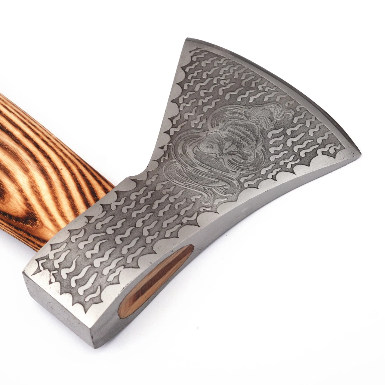 Snake Skull Warrior Bushcraft Axe Wood Burnt Handle - Image 4
