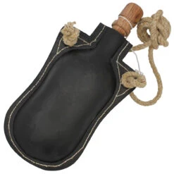 Adam’s Ale Functional 48 Oz. Genuine Black Leather Drinking Canteen Bottle W/ Rope Strap & Wooden Stopper