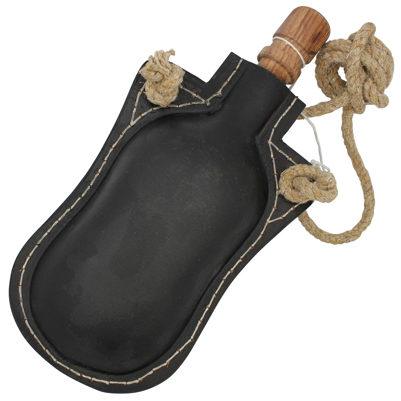 Adam’s Ale Functional 48 Oz. Genuine Black Leather Drinking Canteen Bottle W/ Rope Strap & Wooden Stopper