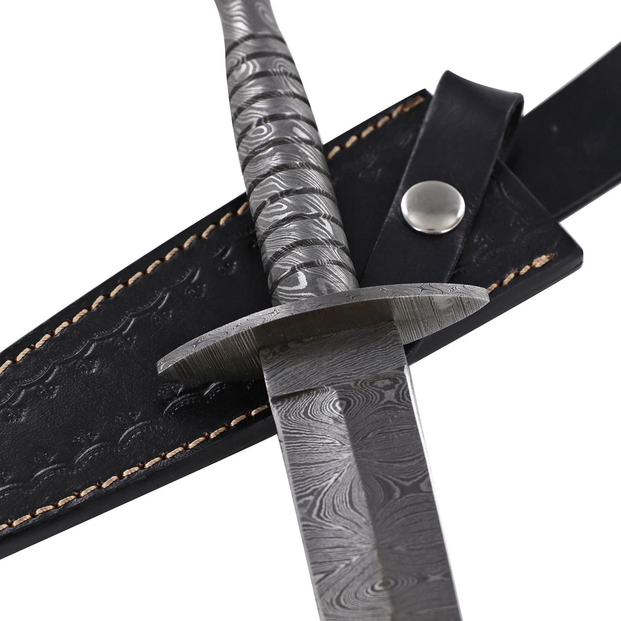 Full Damascus Steel Commando Knife | Pattern Welded Steel Full Tang Replica JSOC Dagger With Leather Sheath - Image 5