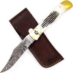 County Line Hand Crafted Damascus Steel Automatic Lever Lock Pocket Knife