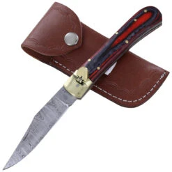 Ember In Veins Damascus Clip Point Automatic Switchblade Lever Lock Knife