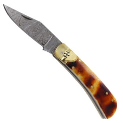 Marked By Fire Forged Damascus Steel Clip Point Automatic Lever Lock Camel Bone Knife