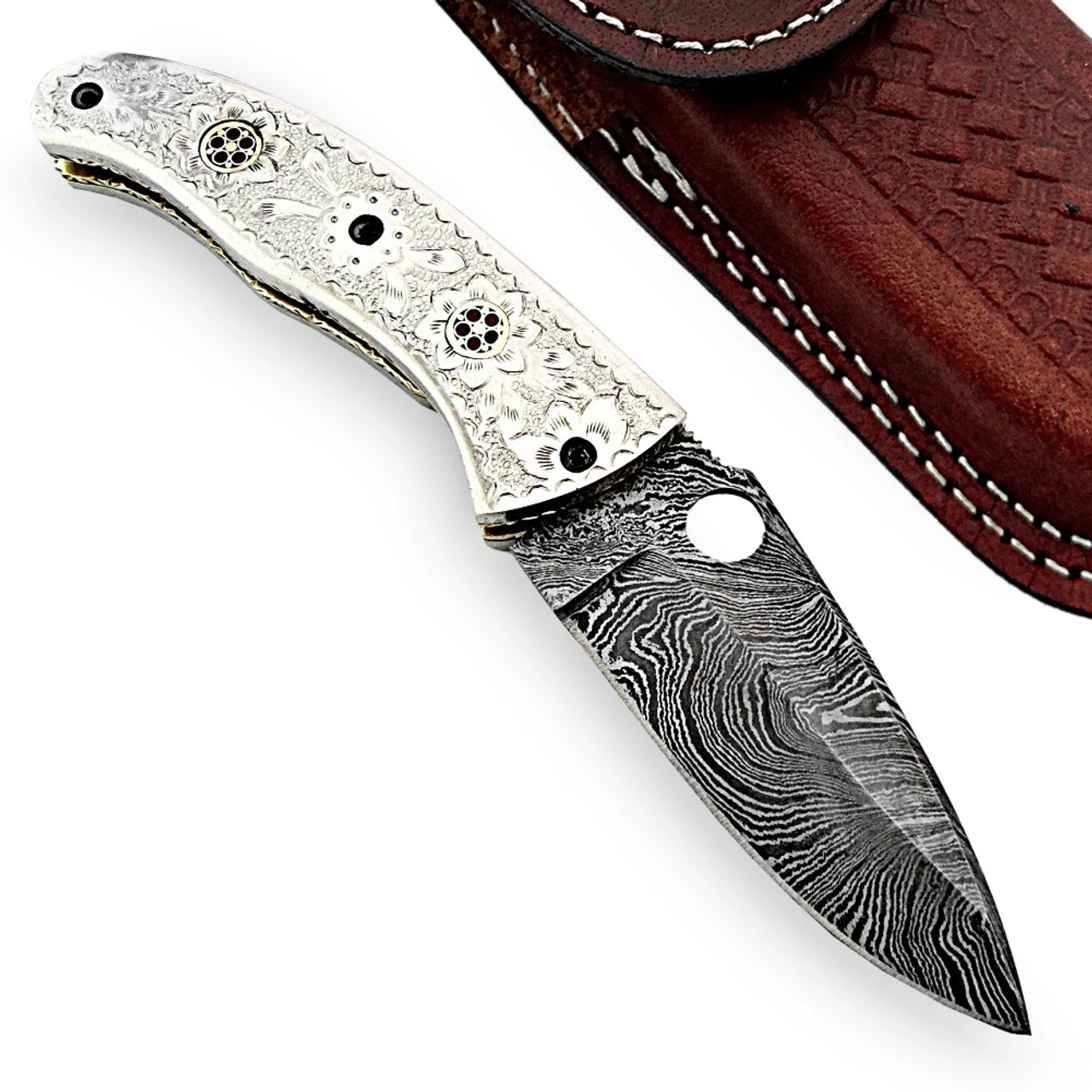 Chrysanthemum Damascus Folding Pocket Knife - Image 2