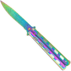 Rainbow Warrior Sunrise Butterfly Knife | Titanium Damascus | Drop Point | Holster Included