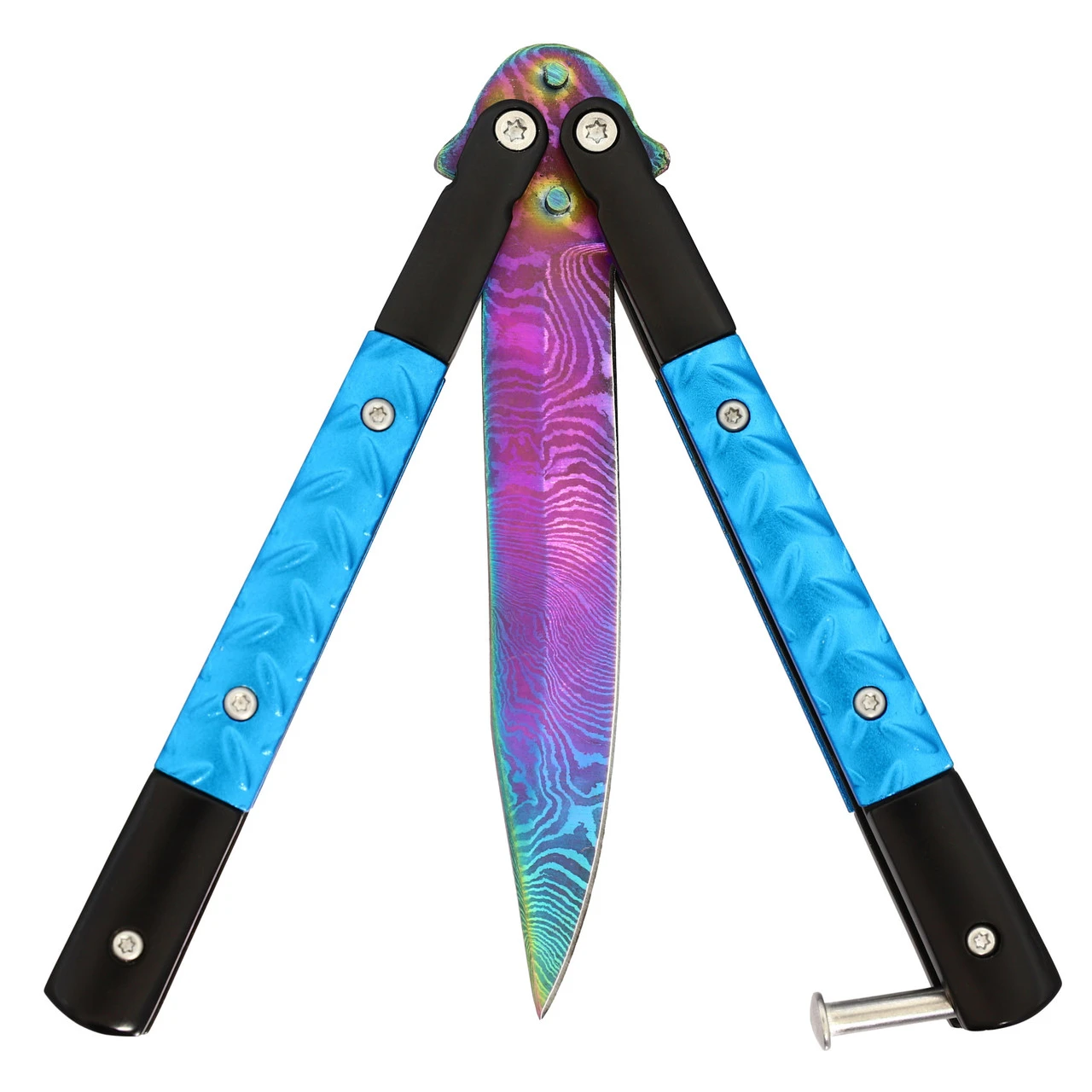 Azure Sky Butterfly Knife With Hard ABS Sheath | Titanium Damascus Steel | Drop Point Blade - Image 2