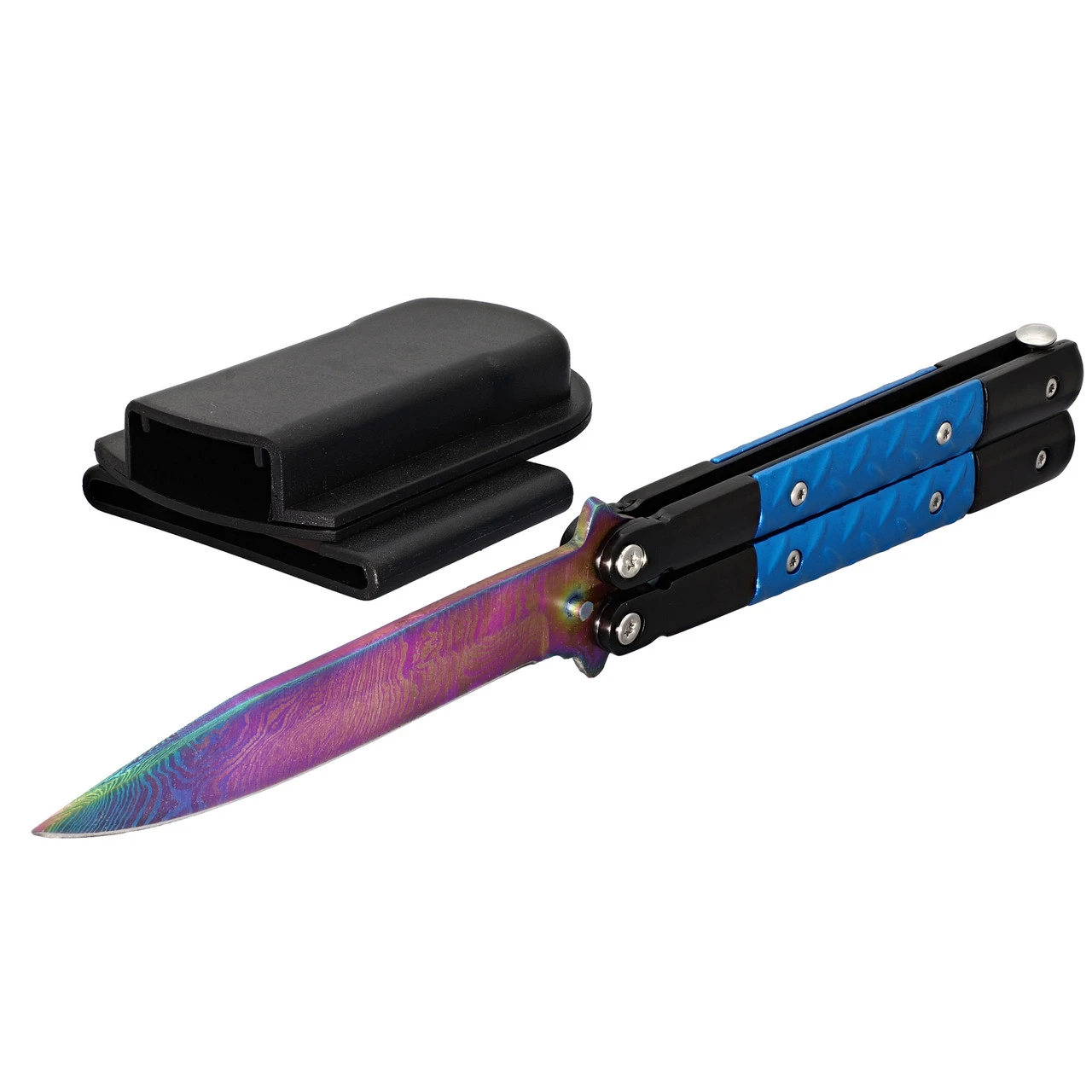 Azure Sky Butterfly Knife With Hard ABS Sheath | Titanium Damascus Steel | Drop Point Blade - Image 4