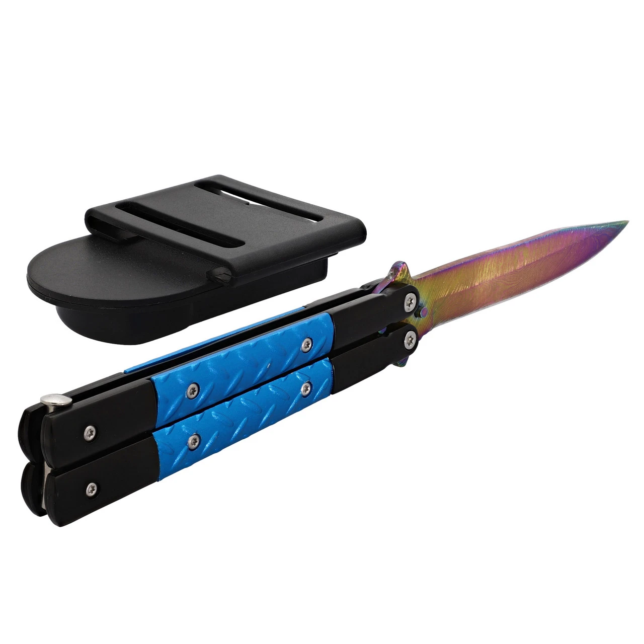 Azure Sky Butterfly Knife With Hard ABS Sheath | Titanium Damascus Steel | Drop Point Blade - Image 5