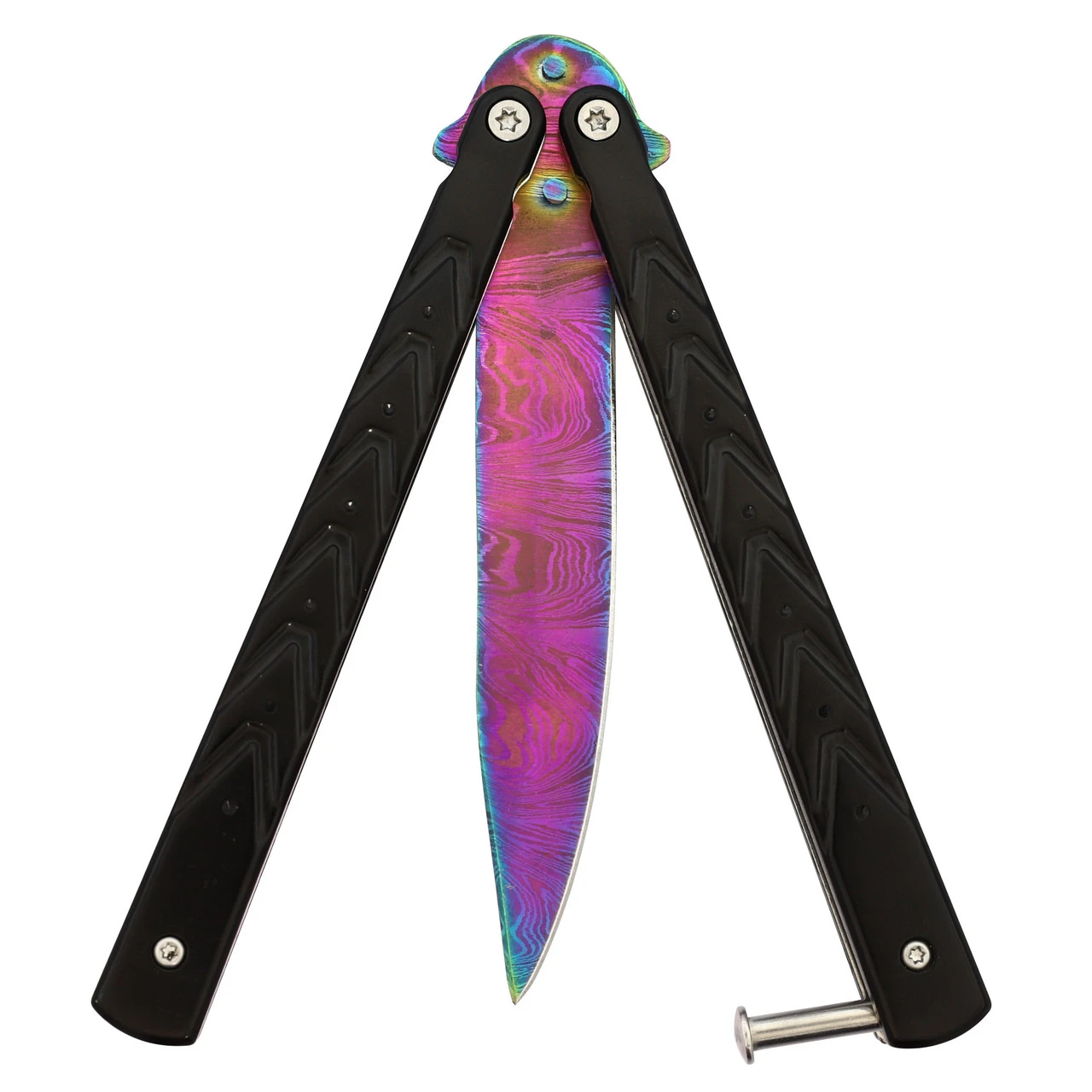 Black Butterfly Balisong Knife With Hard ABS Sheath | Drop Point Blade | Titanium Damascus Steel - Image 4