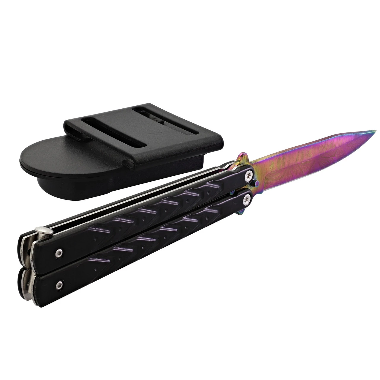 Black Butterfly Balisong Knife With Hard ABS Sheath | Drop Point Blade | Titanium Damascus Steel - Image 2