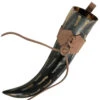 Fire Burned Medieval Drinking Horn With Brown Leather Holder