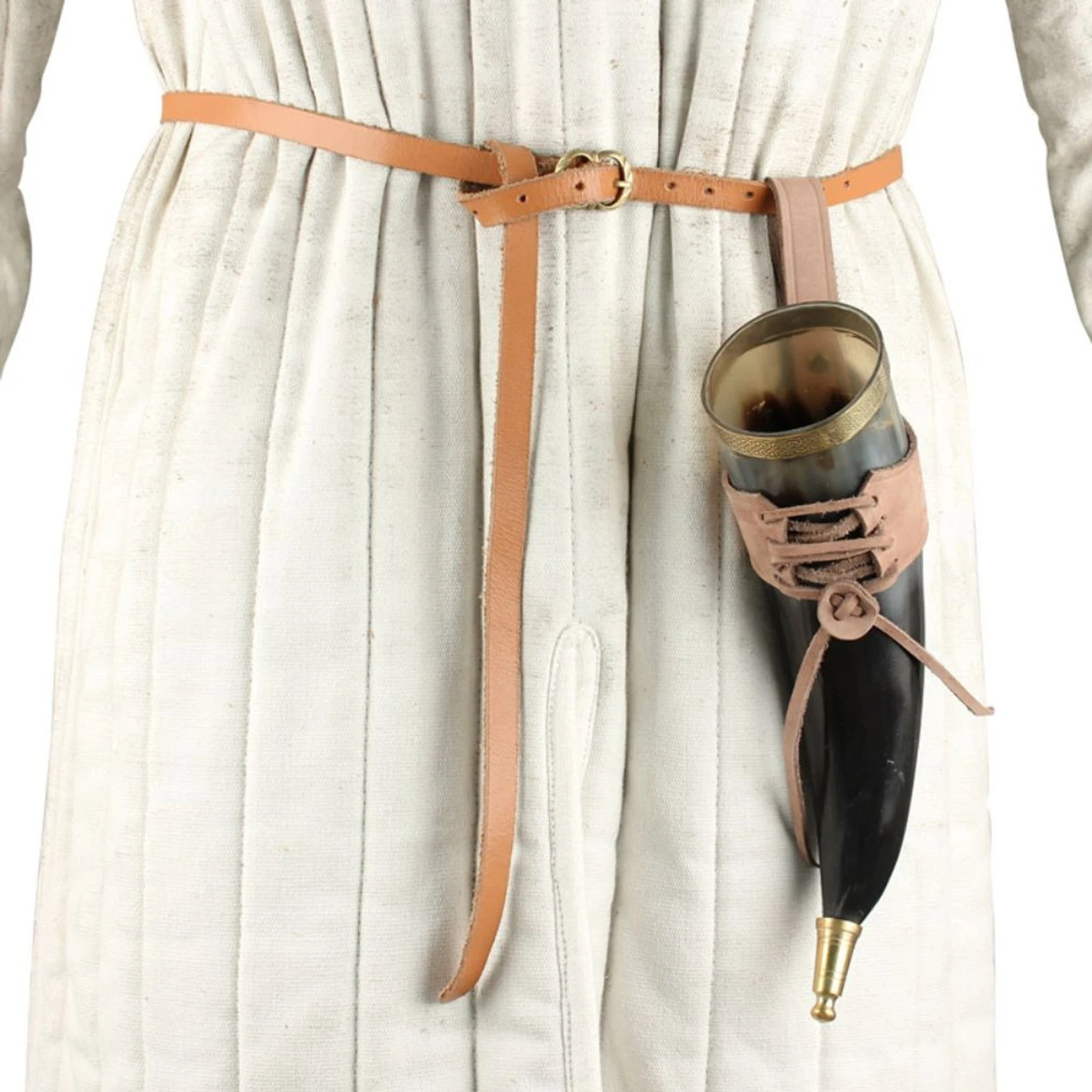 Brass Adorned Medieval Drinking Horn With Brown Leather Holder - Image 3