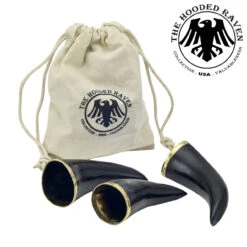 The Hooded Raven â„¢ 3-Piece Drinking Horn Shot Set Canvas Bag Carrier Included