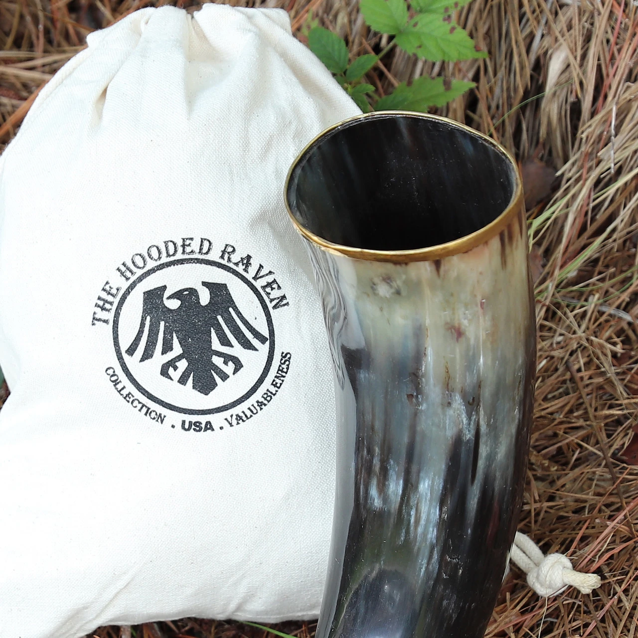 The Hooded Raven ™ Large Pure Brass Rim Drinking Horn Canvas Pouch Included - Image 2