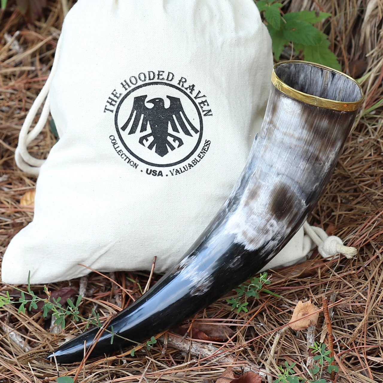 The Hooded Raven ™ Pure Brass Rim Drinking Horn Vessel Canvas Bag Included - Image 2