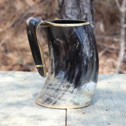 The Hooded Ravenâ„¢ XXL Viking Royal Brass Rimmed Natural Buffalo Drinking Horn Tankard Mug