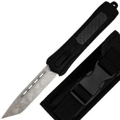 Foreboding Contour Damascus Tanto Automatic OTF Black Handle Knife W/ Textured Center Switch