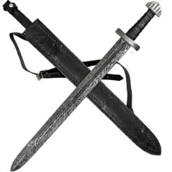 Arbitrary Provocation Hand Forged Firestorm Damascus Steel Medieval Costume Cosplay Sword W/ Black Genuine Leather Sheath