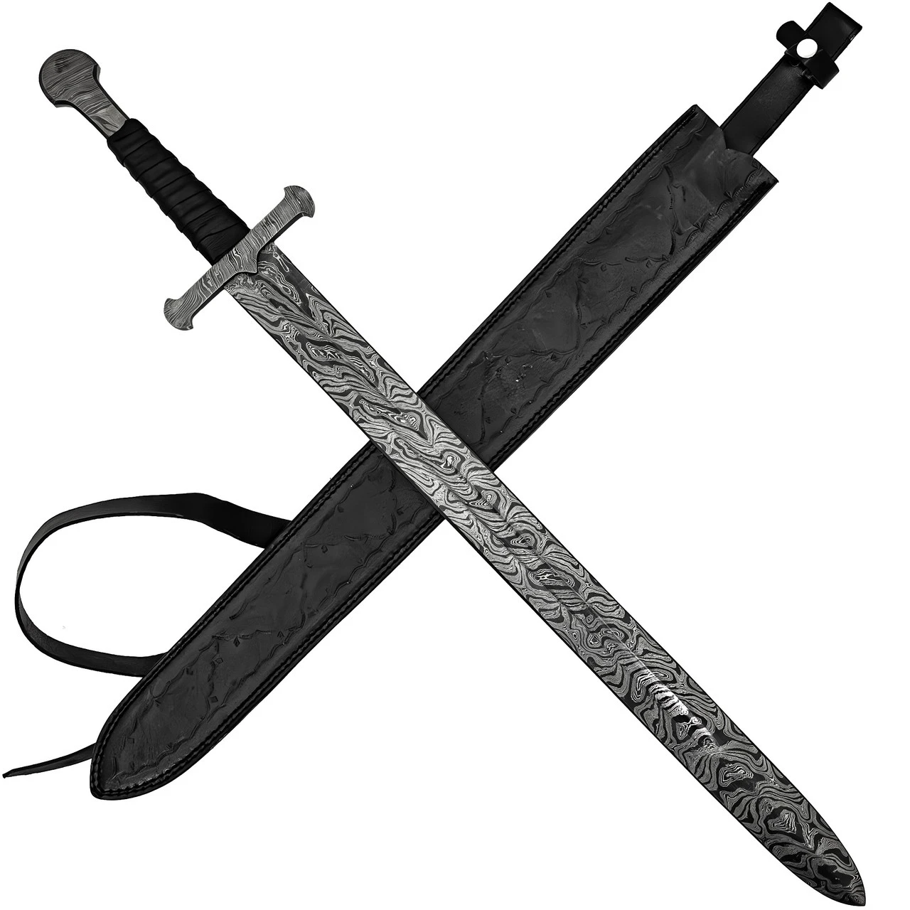 Devoted Guidance Medieval Inspired Full Tang Hand Forged Damascus Steel Templar Sword W/ Genuine Leather Sheath