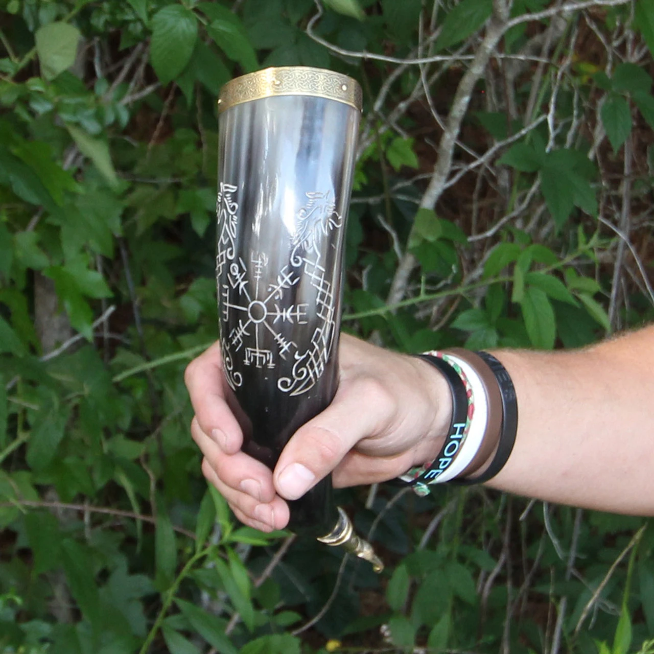 Norse Viking Icelandic Vegvisir Jormungandr Engraved Drinking Horn - Image 3