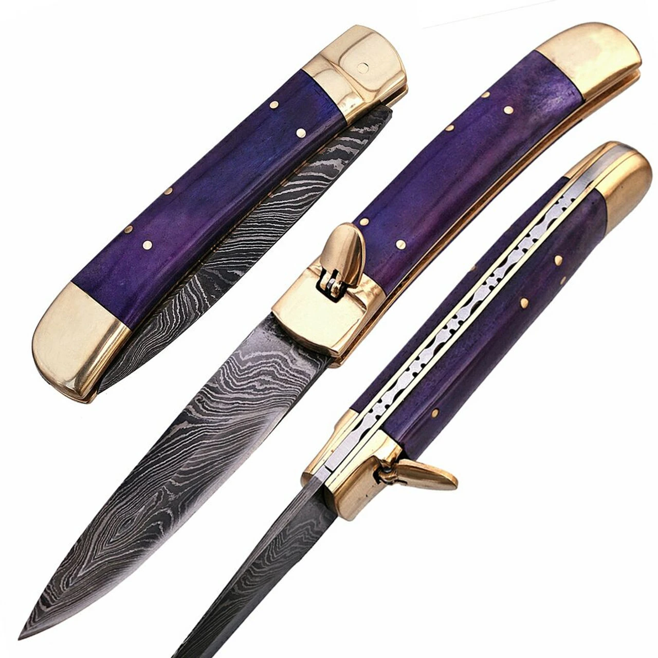 Automatic Damascus Purple Phantom Lever Lock Knife - Image 4